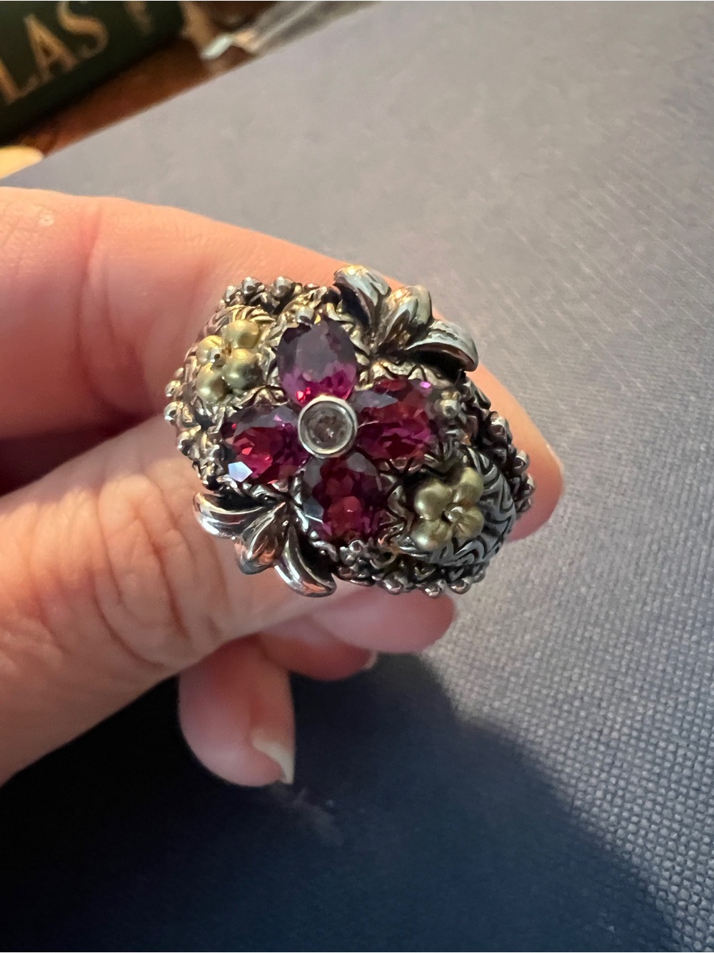 Stunning Barbara Bixby Sterling & 18k Gold Rhodolite Garnet Lotus Flower Ring